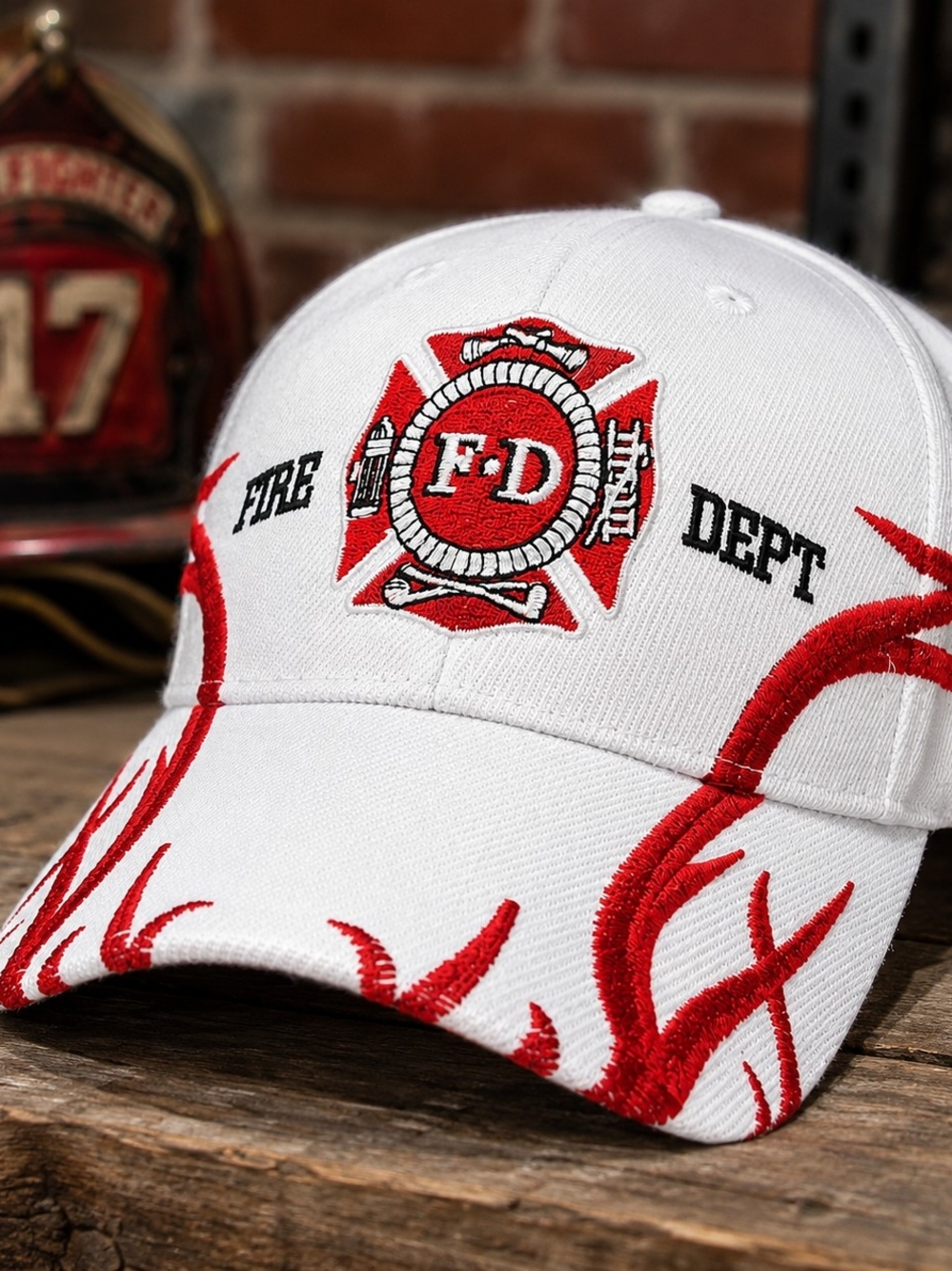 White Fire Dept Embroidered Cap with Red Flame Accent